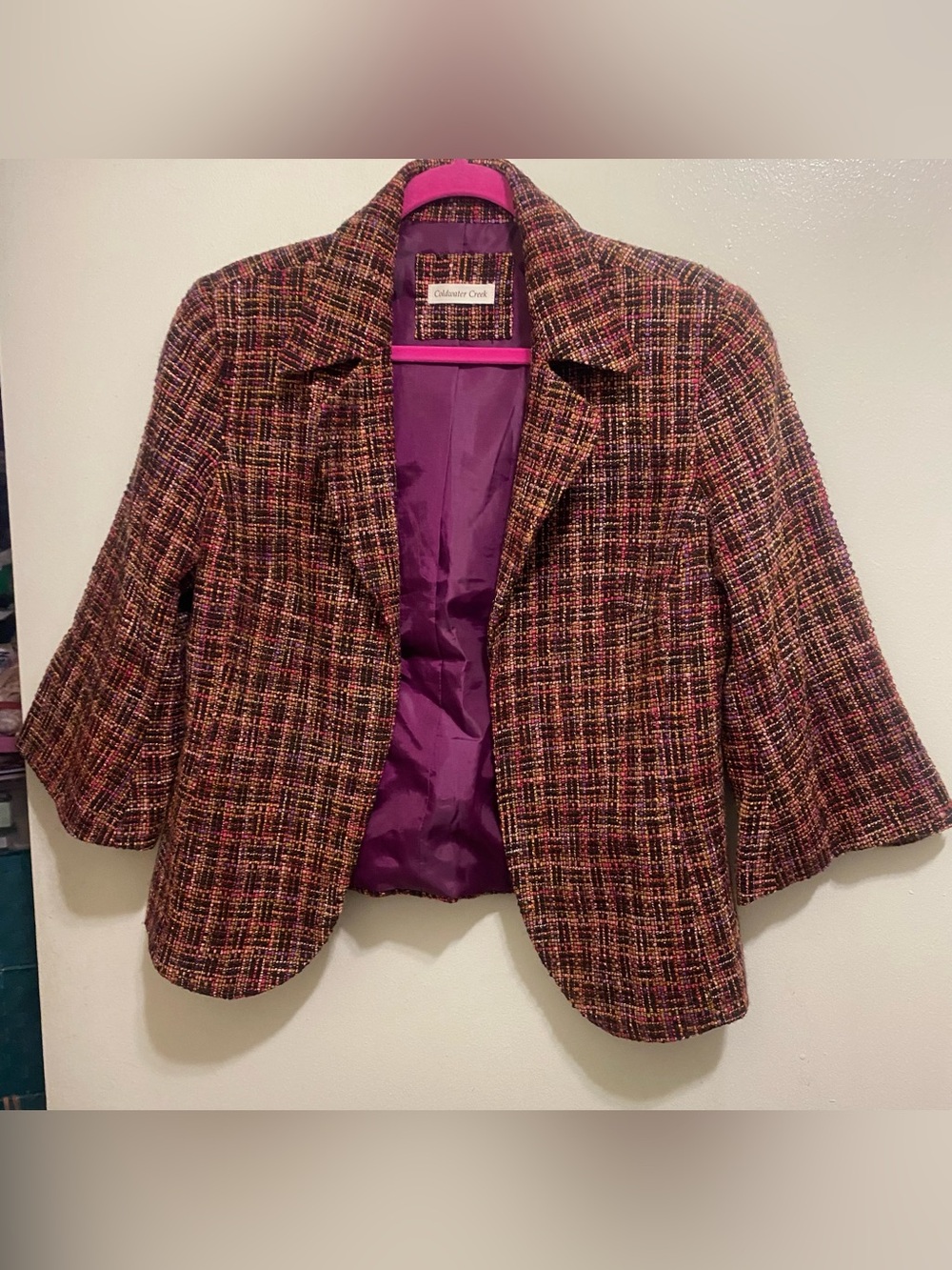 Coldwater Creek Womens Size 12 L 36” Tweed Blazer Wool Blend Purple Brown Career